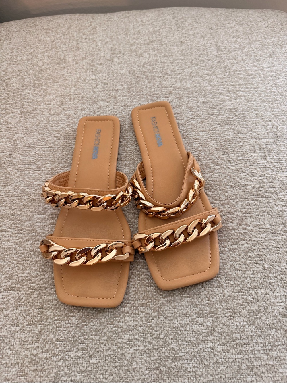 Tan Chain-Accent Slide Sandals for Women